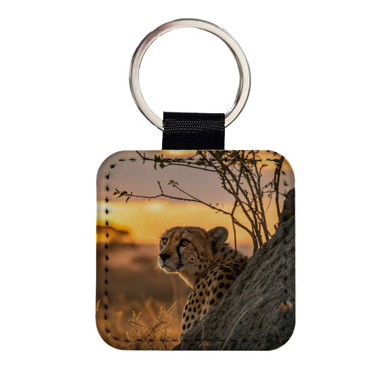 African Cheetah Safari Sunset Square Faux Leather Keychain