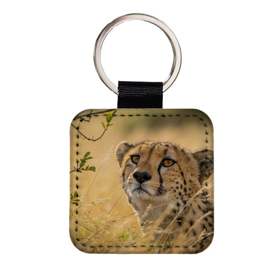 African Cheetah Safari Wildlife Square Faux Leather Keychain