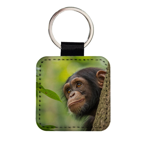 African Chimpanzee Safari Wildlife Square Faux Leather Keychain