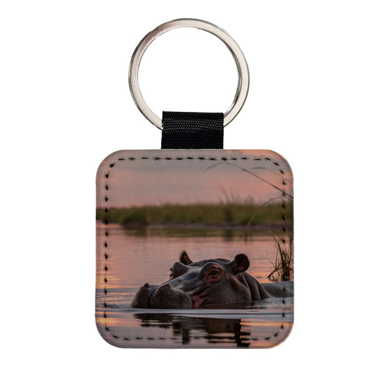 African Hippopotamus Sunset Safari Square Faux Leather Keychain