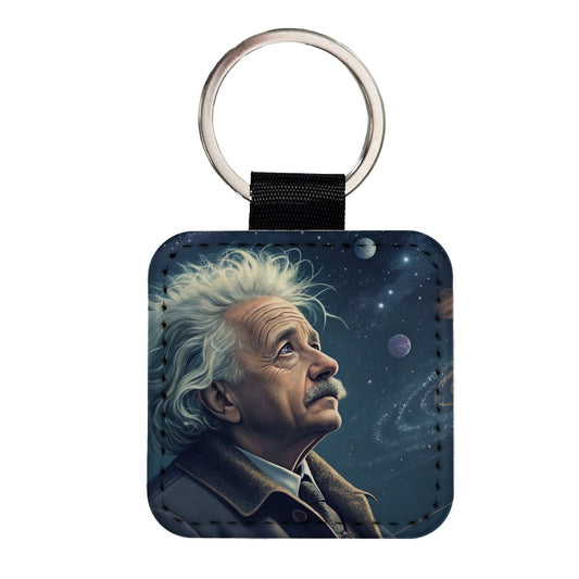 Albert Einstein Astronomy Square Faux Leather Keychain