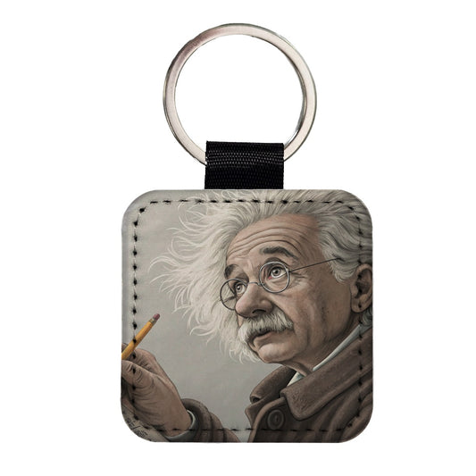 Albert Einstein Genius Portrait Square Faux Leather Keychain