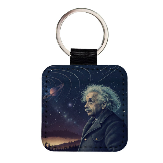 Albert Einstein Genius Space Square Faux Leather Keychain