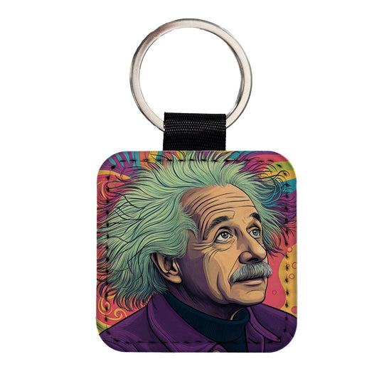 Albert Einstein Psychedelic Square Faux Leather Keychain