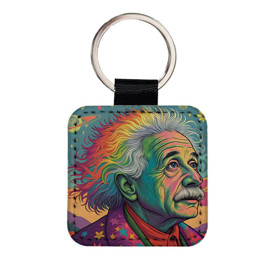 Albert Einstein Rainbow Energy Square Faux Leather Keychain