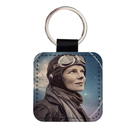 Amelia Earhart Aviation Square Faux Leather Keychain