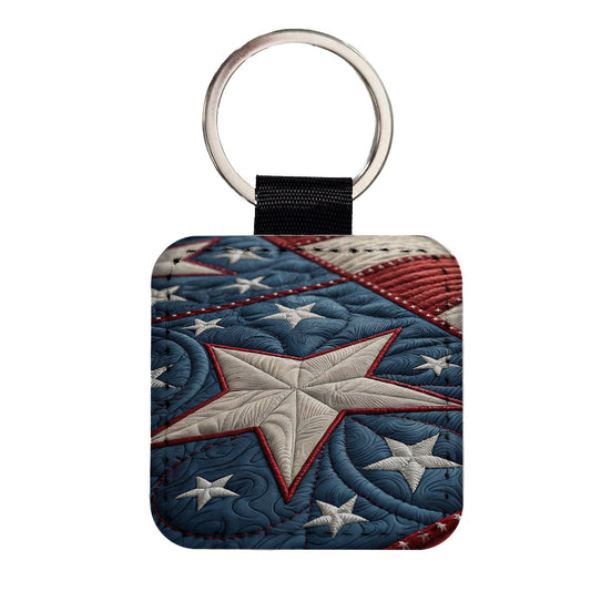 American Patriotic Quilt USA Square Faux Leather Keychain