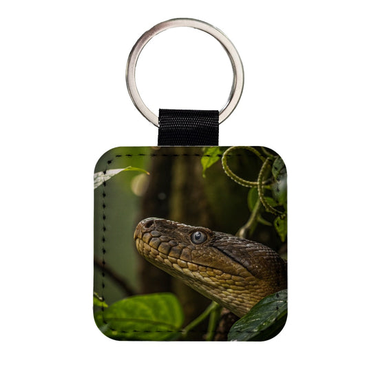 Anaconda Snake Close Up Square Faux Leather Keychain