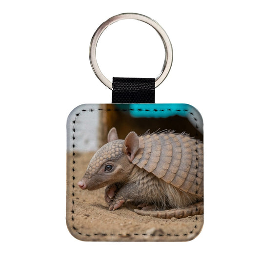 Armadillo Close Up Square Faux Leather Keychain