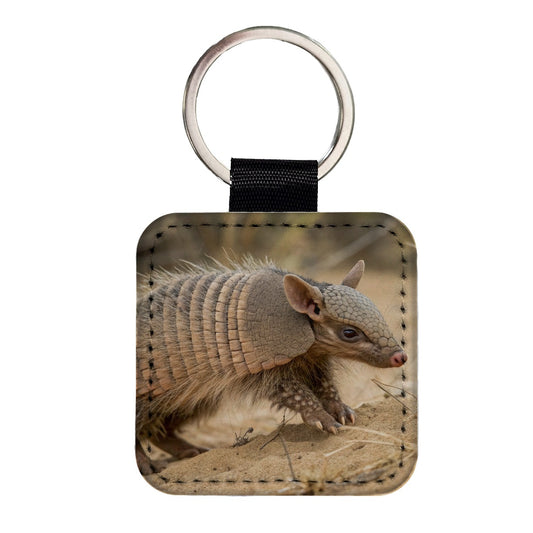 Armadillo in Nature Square Faux Leather Keychain