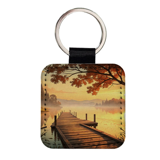 Autumn Lake Dock Sunset Square Faux Leather Keychain