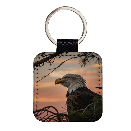 Bald Eagle At Sunset Square Faux Leather Keychain