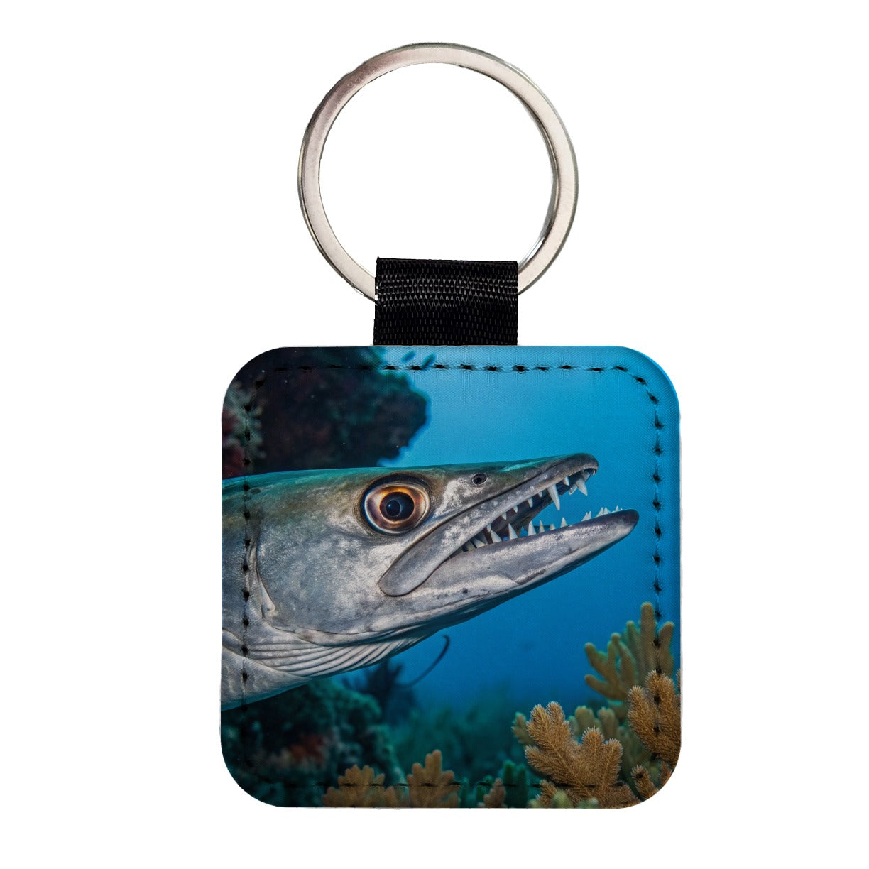 Barracuda Fish Ocean Wildlife Square Faux Leather Keychain