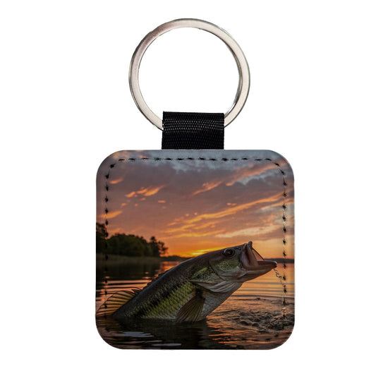 Bass Fish Fishing Sunset Square Faux Leather Keychain