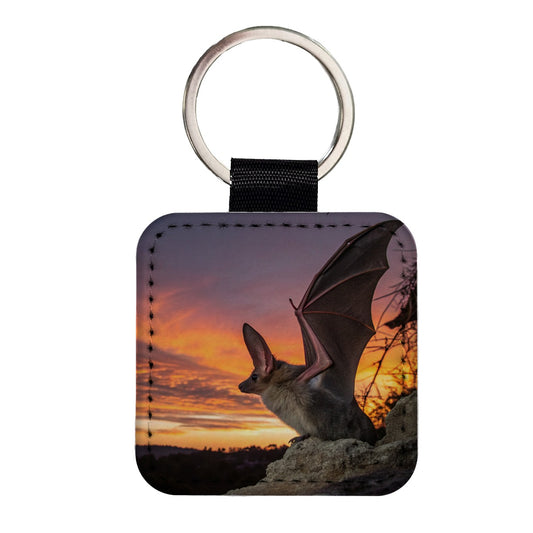 Bat Nature At Sunset Square Faux Leather Keychain