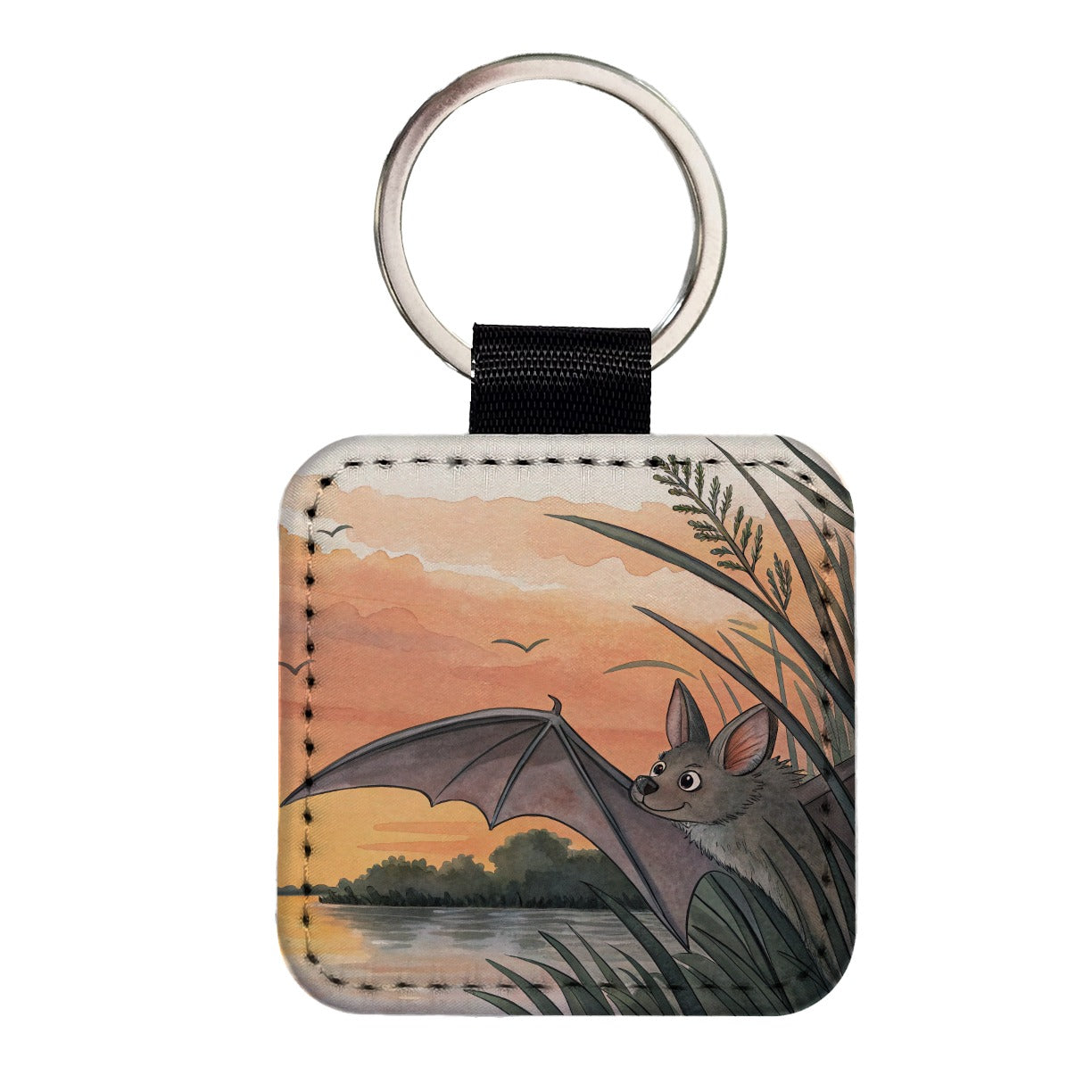 Bat Sunset Nature Scene Square Faux Leather Keychain