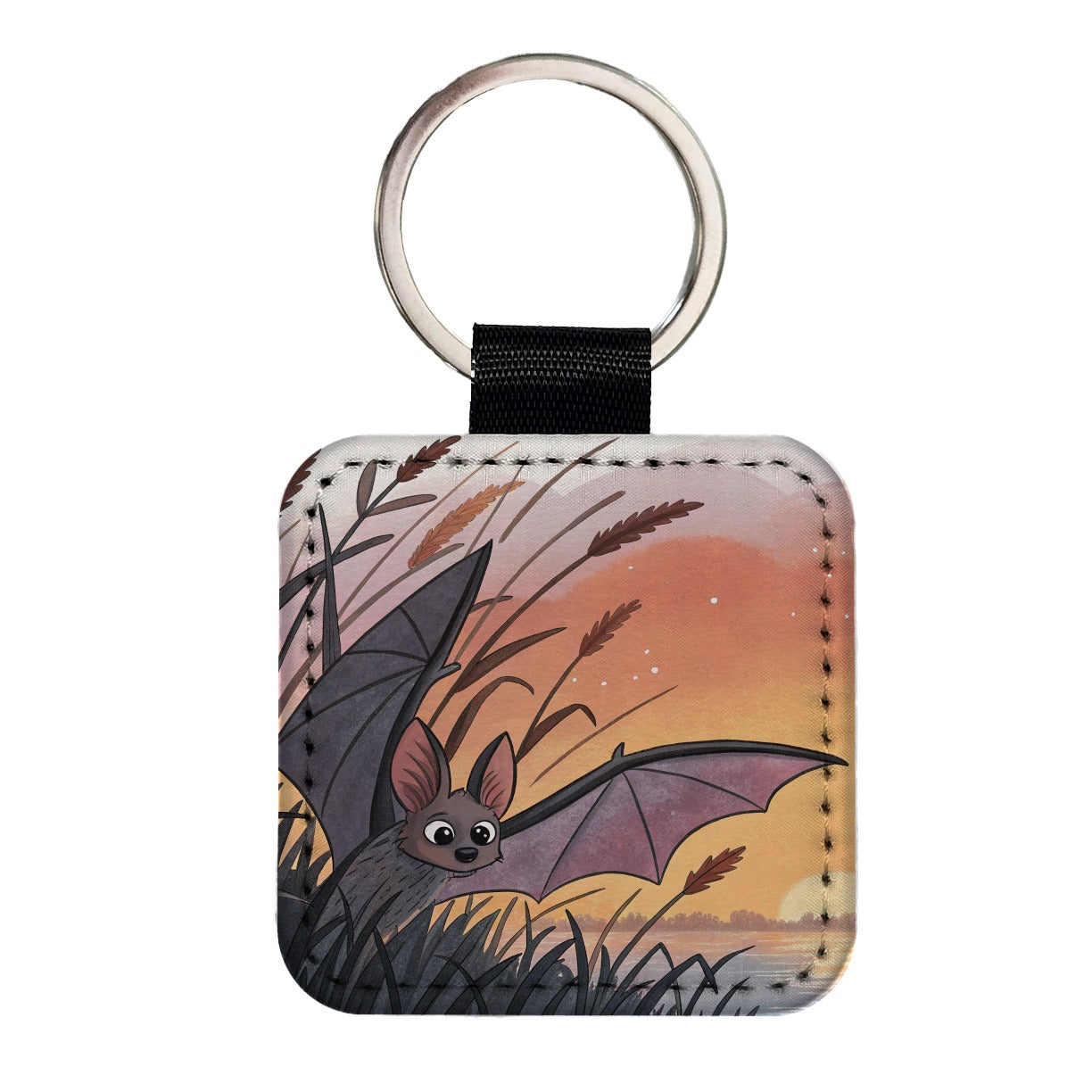 Bat Wildlife At Sunset Square Faux Leather Keychain