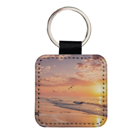 Beach Sunrise Ocean Square Faux Leather Keychain