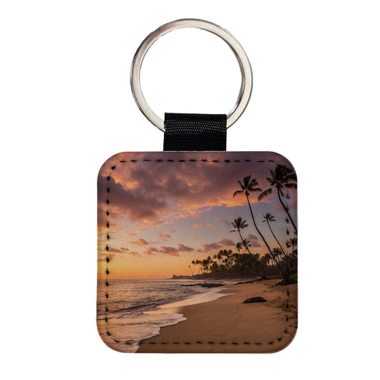 Beach Sunrise Sunset Ocean Tropical Square Faux Leather Keychain