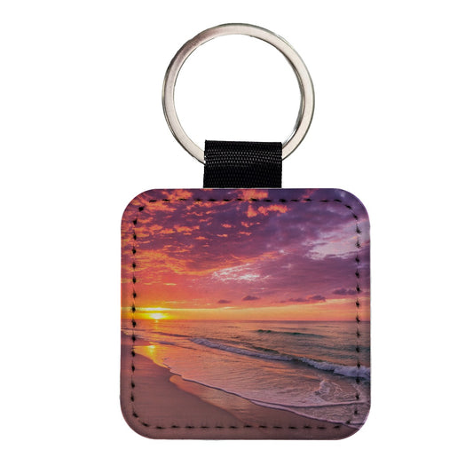 Beach Sunset Ocean Beautiful Square Faux Leather Keychain