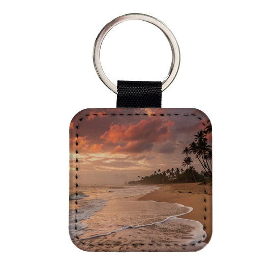 Beach Sunset Tropical Ocean Island Square Faux Leather Keychain