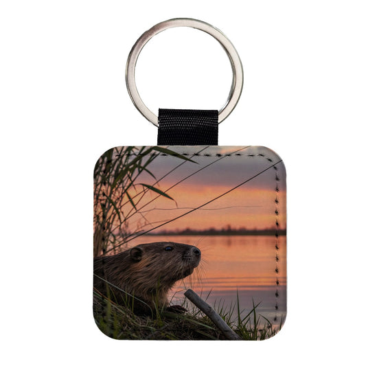 Beaver Pond At Sunset Square Faux Leather Keychain