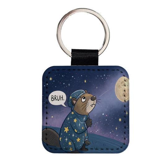 Beaver Saying Bruh Funny Pajamas Square Faux Leather Keychain