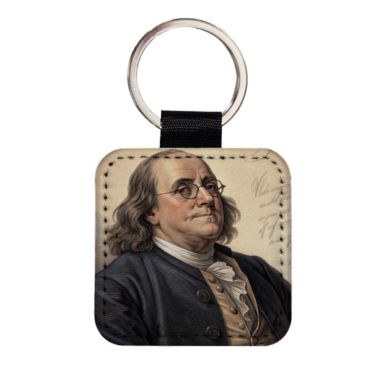 Benjamin Franklin American History Square Faux Leather Keychain