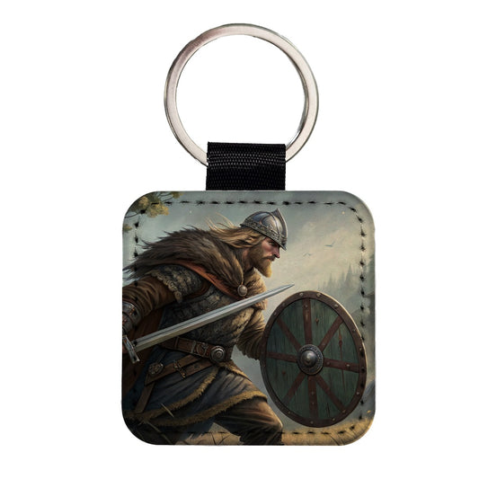 Beowulf Norse Warrior Square Faux Leather Keychain
