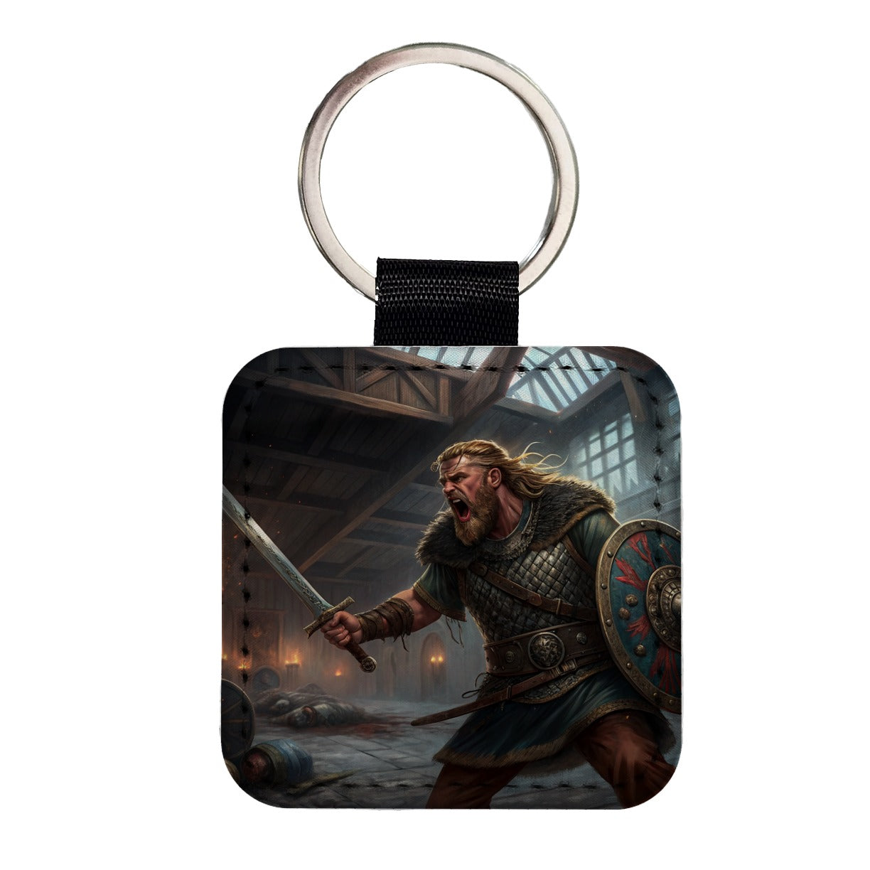 Beowulf Viking Warrior Square Faux Leather Keychain