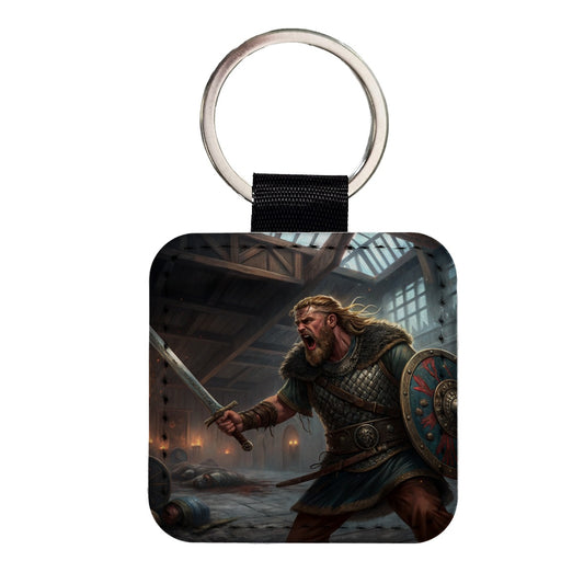 Beowulf Viking Warrior Square Faux Leather Keychain