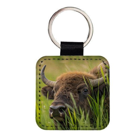 Bison Grassland Wildlife Scene Square Faux Leather Keychain
