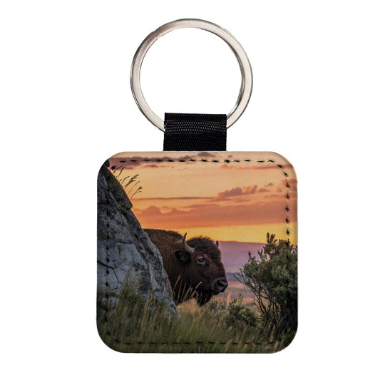 Bison Wildlife At Sunset Square Faux Leather Keychain