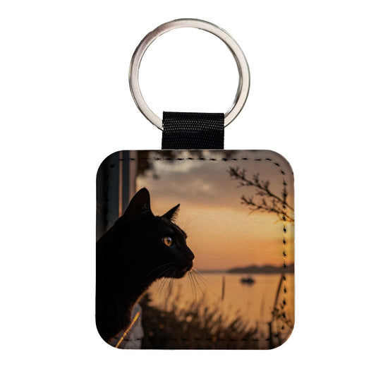 Black Cat Sunset Window Square Faux Leather Keychain