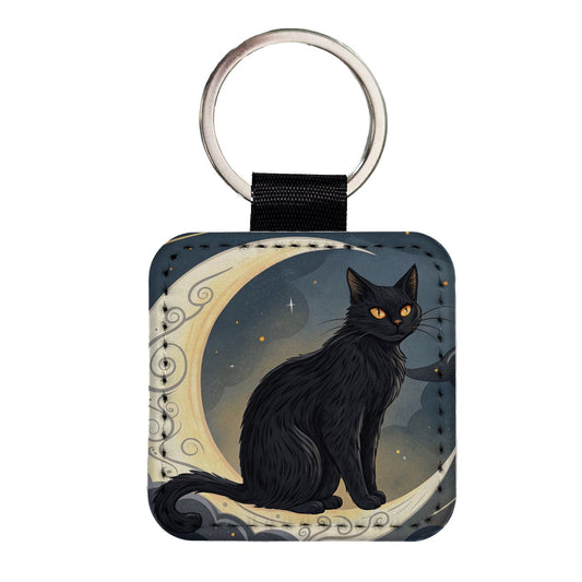 Black Cat Tarot Moon Square Faux Leather Keychain