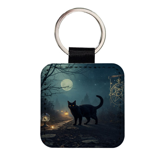 Black Cat Tarot Mystic Square Faux Leather Keychain