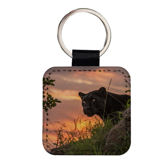 Black Panther At Sunset Square Faux Leather Keychain