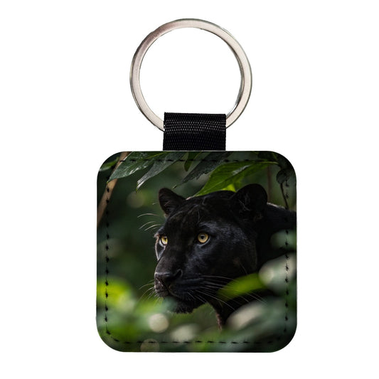 Black Panther Jungle Wildlife Square Faux Leather Keychain