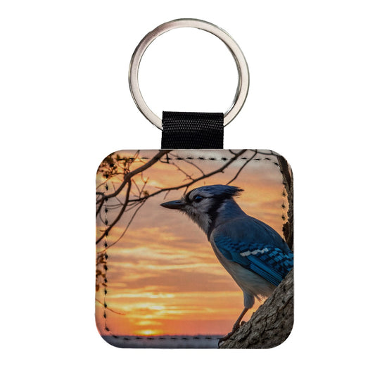 Blue Jay At Sunset Square Faux Leather Keychain