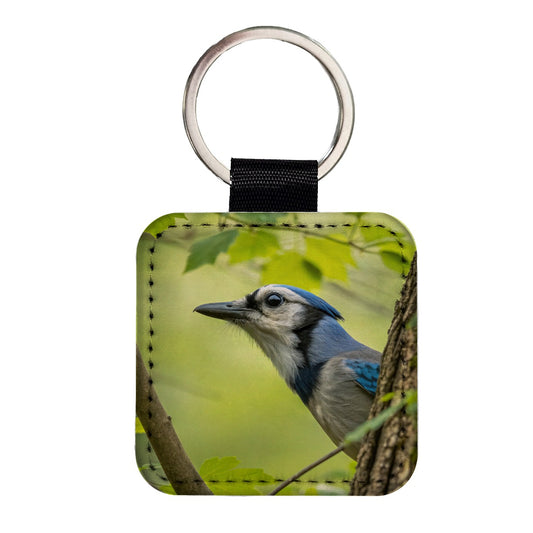 Blue Jay Bird Wildlife Square Faux Leather Keychain