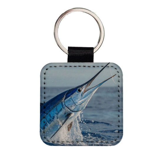 Blue Marlin Deep Sea Fishing Square Faux Leather Keychain