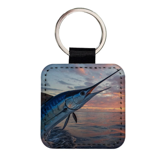 Blue Marlin Fishing Sunset Square Faux Leather Keychain