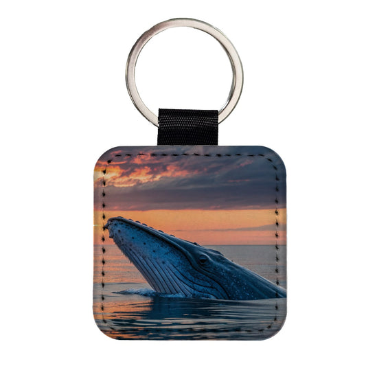 Blue Whale Ocean Sunset Square Faux Leather Keychain