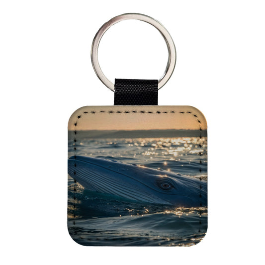 Blue Whale Ocean Wildlife Square Faux Leather Keychain