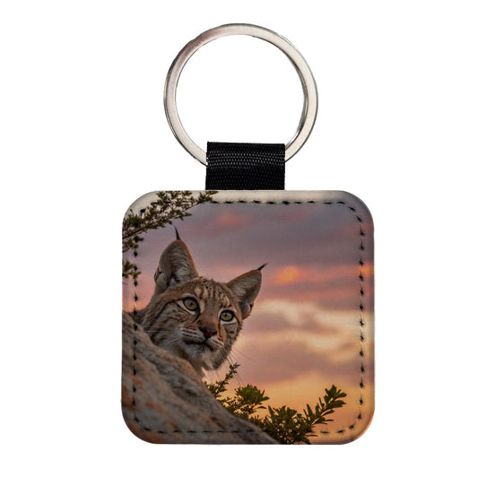 Bobcat At Sunset Square Faux Leather Keychain