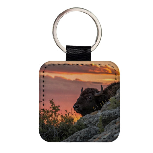 Buffalo At Sunset Square Faux Leather Keychain