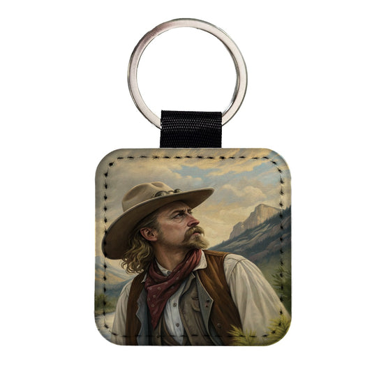 Buffalo Bill Wild West Square Faux Leather Keychain