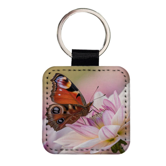 Butterfly Wildflower Garden Scene Square Faux Leather Keychain