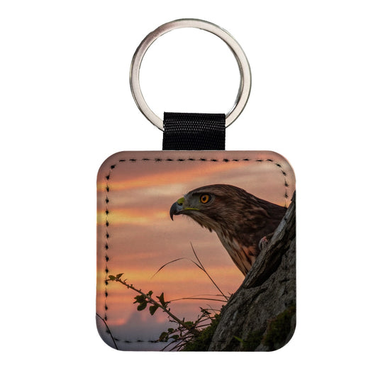 Buzzard Bird At Sunset Square Faux Leather Keychain