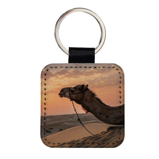 Camel Desert At Sunset Square Faux Leather Keychain
